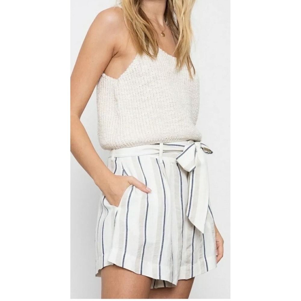 Rails Katy Coco Stripe Linen Blend High Waisted Tie Front Shorts White XS